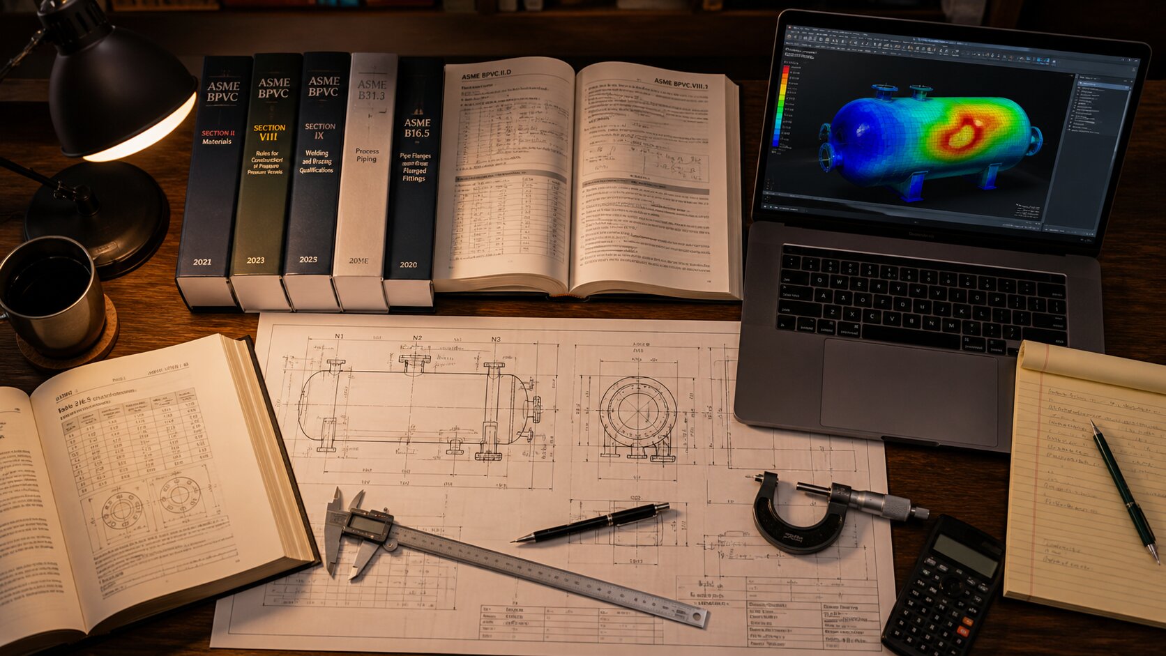 Engineering desk with technical drawings
